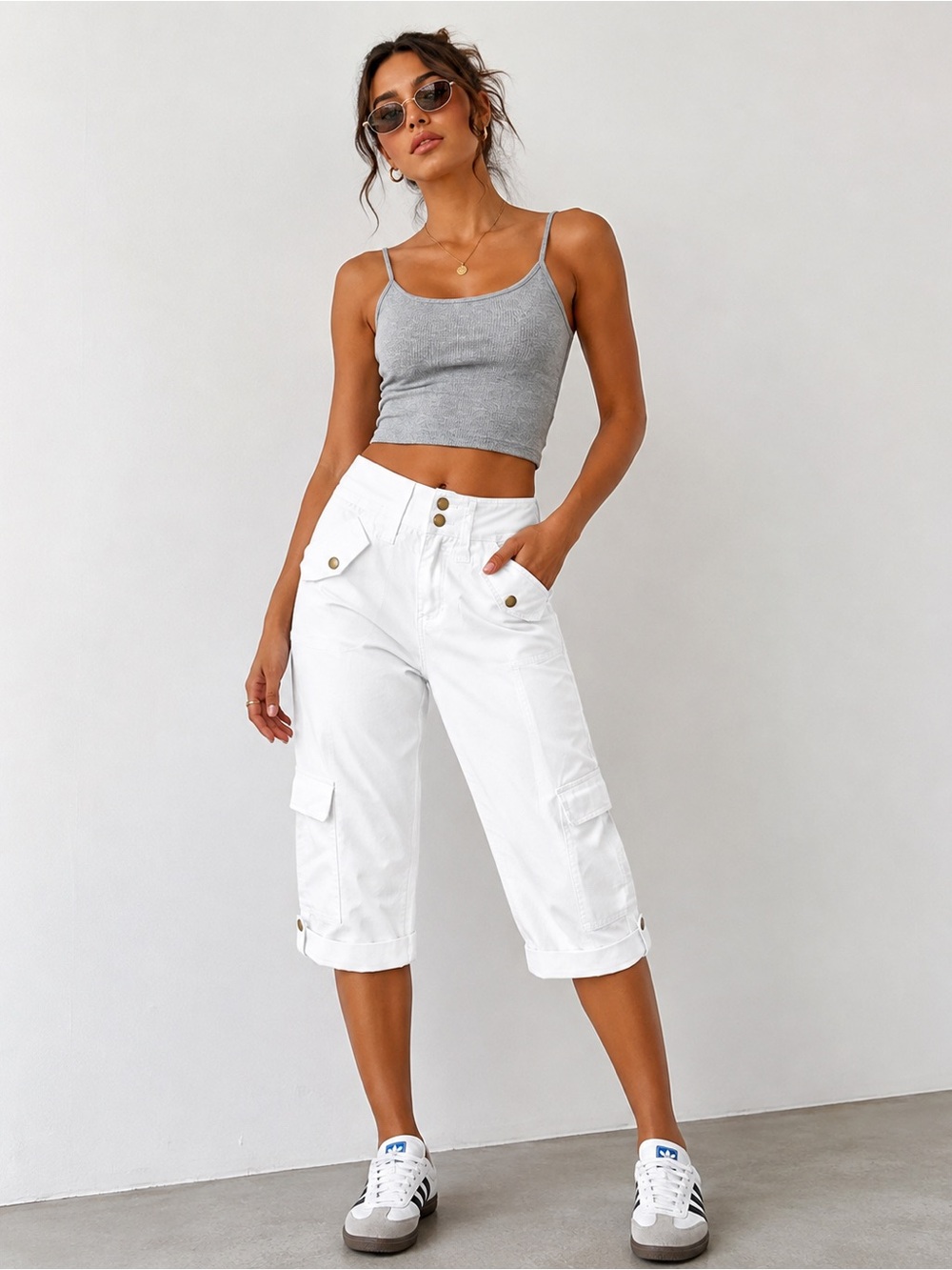 Flamingals White Cargo Capri Pants High Rise Wide Leg Utility Cropped Trousers